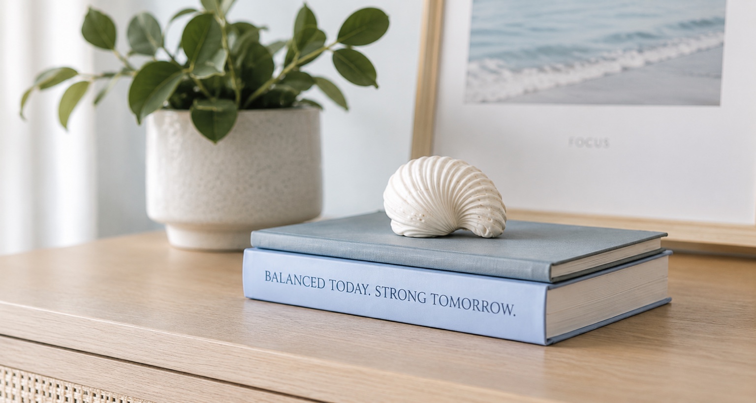 White seashell resting on two blue books